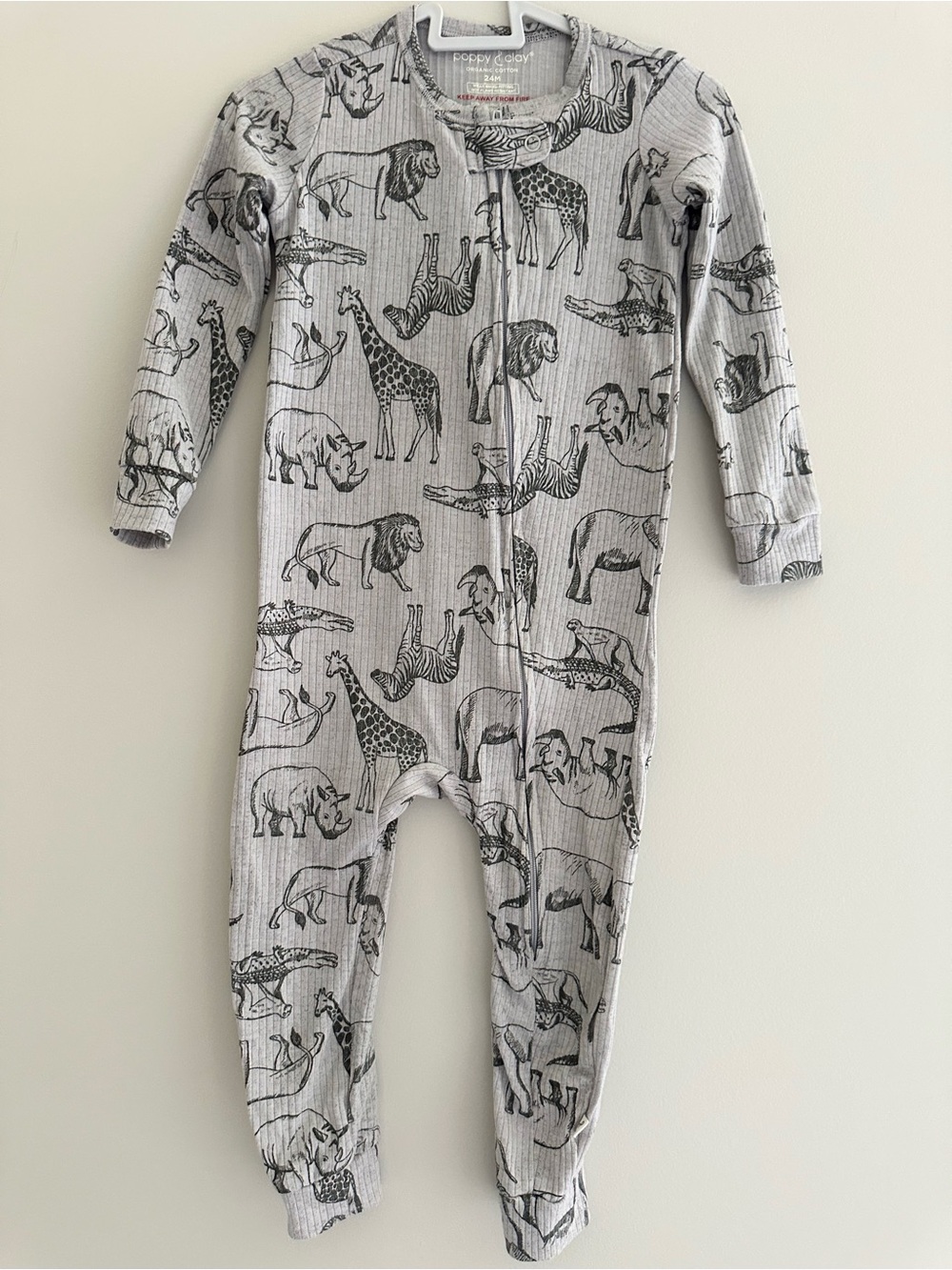 Poppy & Clay Baby Organic Cotton Safari Animal Zip Pajama Romper, Size 24M, Gray